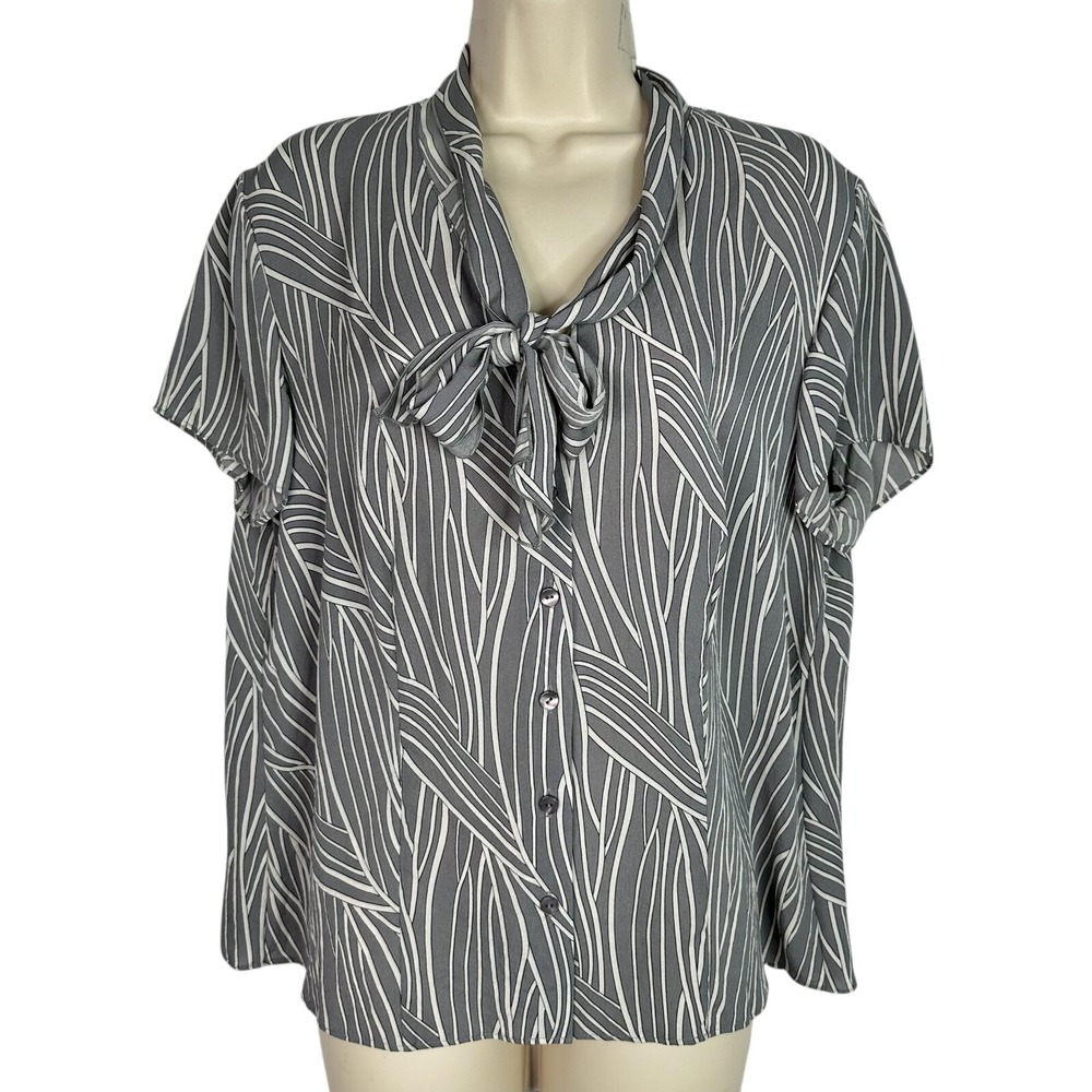 Talbots 100% Silk Tie‎ Neck Blouse Womens 12W Gray Stripe Bow Short Sleeve